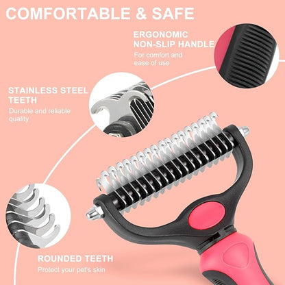 Pet Grooming Brush, Double Sided Undercoat Rake for Dogs &amp; Cats, Professional Deshedding Brush and Dematting Tool, Safe and Effective Removing Knots, Mats, Tangles,and Flying Hair (Pink)