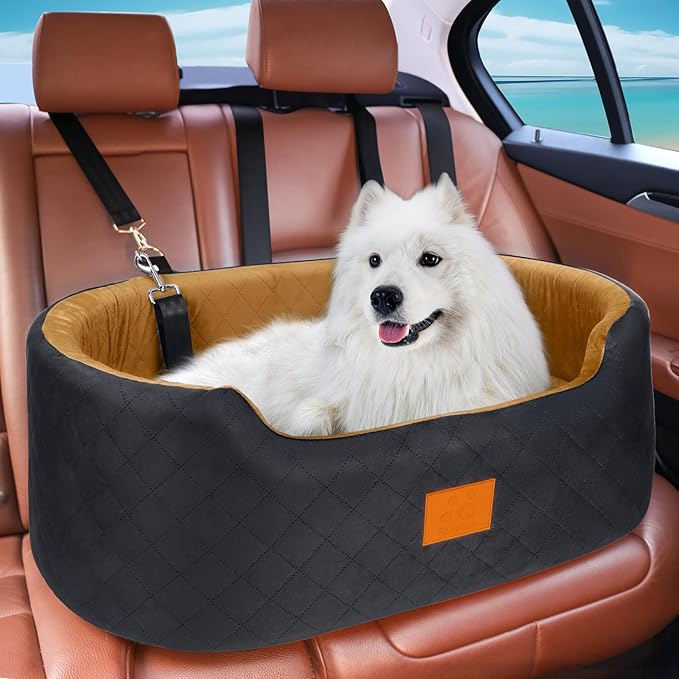 Dog Car Seat for Medium &amp; Large Dogs up to 55 lbs, Elevated Booster Seat with Anti-Slip Base, Detachable &amp; Machine-Washable Pet Car Bed for SUV/Sedan (Black/Brown)