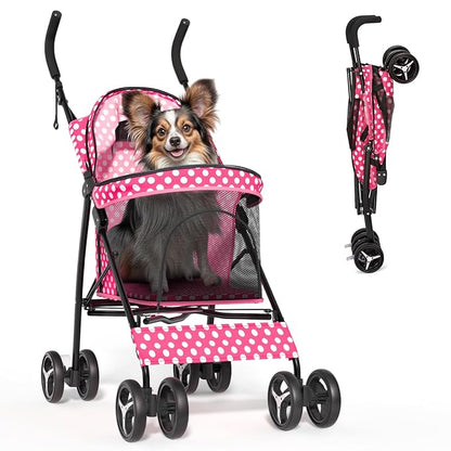 Magshion Compact Pet Stroller for Small-Medium Dogs/Cats up to 22lbs, 4-Wheel Lightweight Umbrella Shaped Portable Puppy Travel Jogger with Breathable Mesh &amp; Rear Storage, Pink Polka Dots