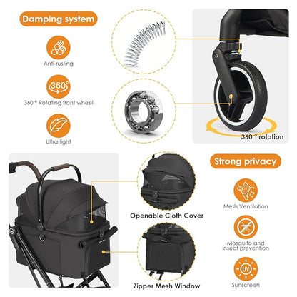 X2 Pet Stroller, Dog Cat Stroller for Small Pets Under 44lbs, Equipped with Detachable &amp; Foldable Carrier, Waterproof Pad &amp; Sunshade Canopy,Camel (Black)