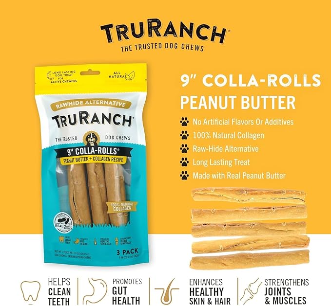 Collagen Rolls - 9" Collagen Rolls for Dogs - Long Lasting Healthy Joint Support - Rawhide Alternative - Skin &amp; Coat Health - Made with Real Peanut Butter, Value Pack, 3 Bags, 9 Count
