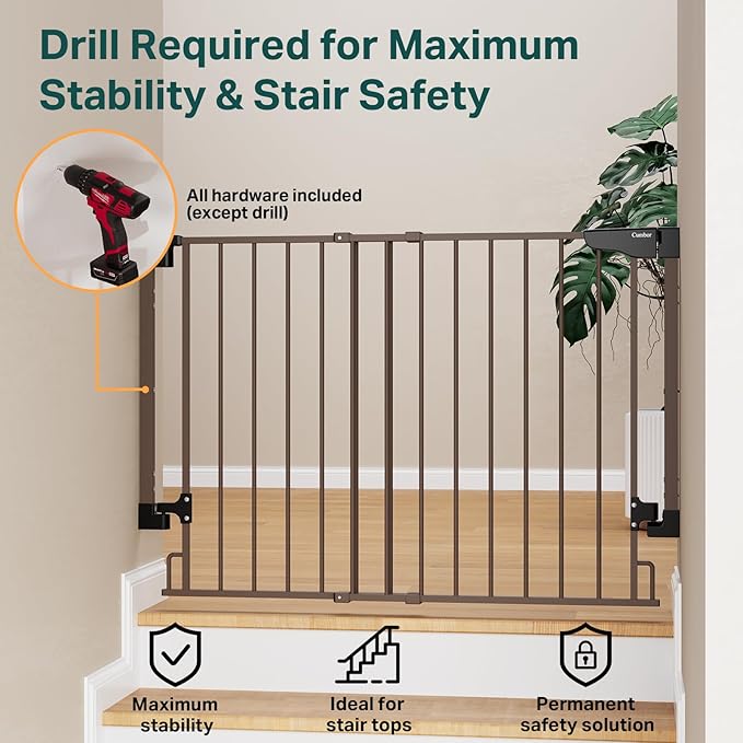 Cumbor 29.2-43" No Bottom Bar Baby Gate for Stairs, 2-in-1 Hardware Mounted Dog Gate Indoor, Pet Gate for Doorways with Large Walk Thru Door, Child-Proof Safety Gate for Top &amp; Bottom of Stairs (Brown)