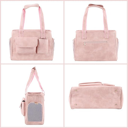Dog Carrier Purse, Fashion Leather Pet Carrier Bag, Airline Approved Soft Sided Cat Travel Tote Bag with Pockets Pink