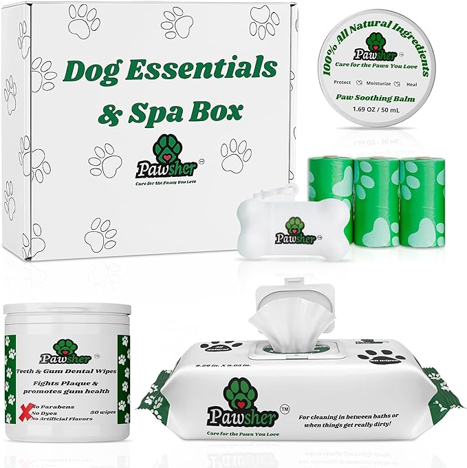 Puppy Essentials Kit Contains Dog Wipes for Paws and Butt, Nourishing Paw Balm, Teeth Cleaning Wipes &amp; Poop Bags Set | Dog Camping Essentials and Travel Accessories