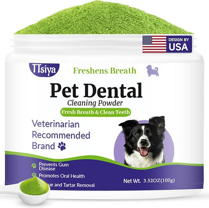 Dog Teeth Cleaning Powder, Pet Dental Powder -Dental Care, Dogs Breath Freshener with Probiotics for Tartar &amp; Reduces Plaque &amp; Bad Breath Teeth Cleaning for Small, Medium, Large Dogs 100g