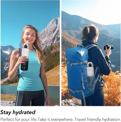 32oz Motivational Water Bottles with Time Marker &amp; Fruit Strainer, Transparent Gradient Color Water Bottle with Times to Drink, Leakproof &amp; BPA Free, Reusable Bottle with Strap (No Straw)