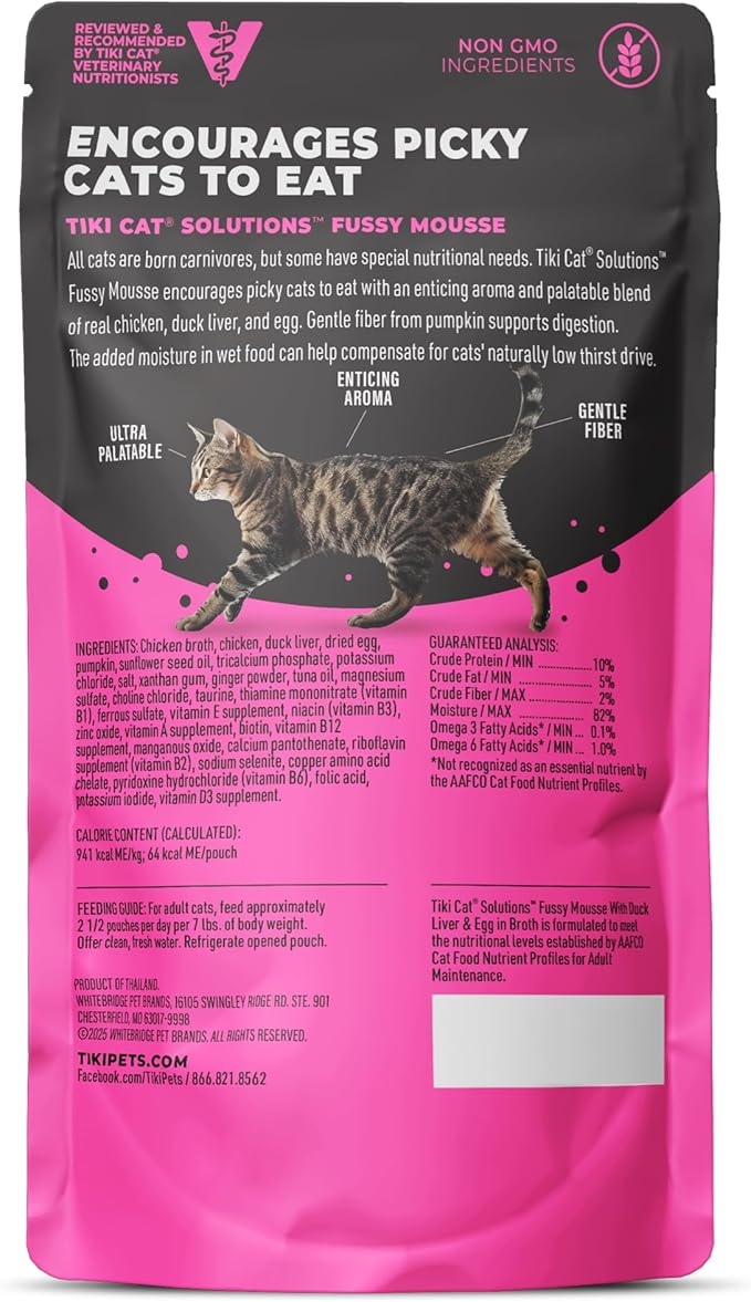 Tiki Cat Solutions Fussy Mousse, Duck Liver &amp; Egg, Specially Formulated to Support Healthy Digestion, Functional Wet Cat for Adult Cats, 2.4 oz. Pouch (12 Count)
