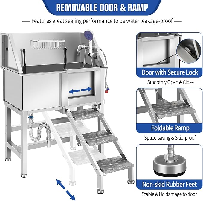 Professional Stainless Steel Dog Bathing Station, Dog Grooming Tub, with Stairs, Floor Grate &amp; Faucet for Dog Bathtub for Large, Medium &amp; Small Pets,34" R-RAMP