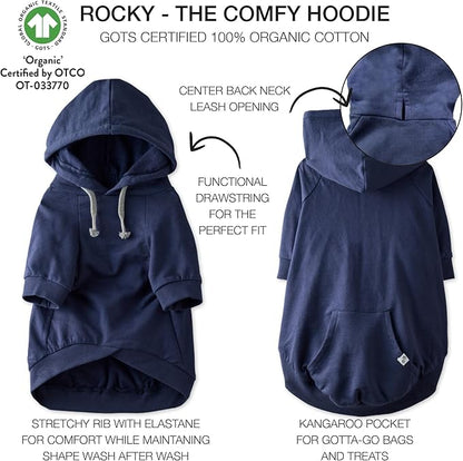 Rocky – The Orginal Lightweight Hooded TEE 100% Organic Cotton Dog Hoodie Pet Coat Sweater for Small, Medium, Large Dogs, Navy, X-Small