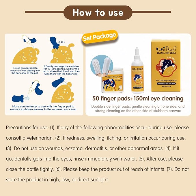 UNIPAWS Pet Ear Drops &amp; Wipes Set for Dogs &amp; Cats – Veterinary-Approved Ear Cleaner &amp; Deodorizer – Reduces Wax Buildup, Relieves Itching &amp; Infection – 5.1 fl oz + 50 PCS Finger Wipes – Made in Korea