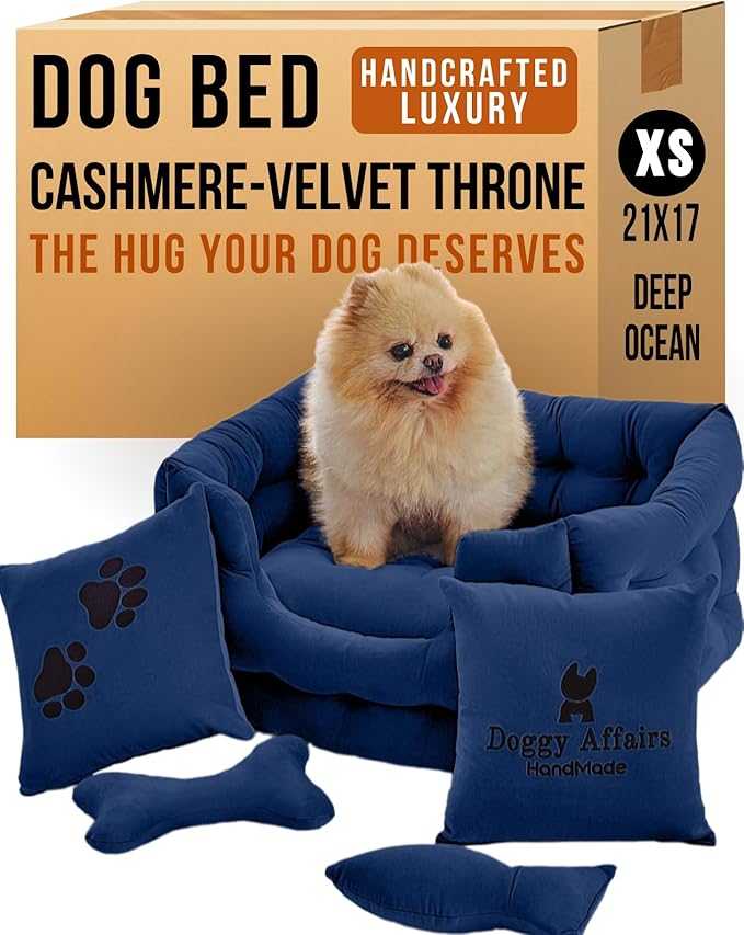 Luxury Dog Bed Chesterfield – Handcrafted Velvet Throne for Dogs | Joint Support, Calming &amp; Temp-Regulating Comfort | Durable 5+ Years, Anti-Claw, Washable 100+ Times – XS, Blue