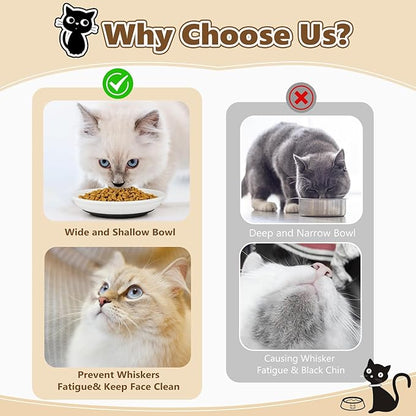 Ceramic Cat Food Bowls - 8 Pack Shallow Plates for Wet Food, Whisker-Friendly Feeding Dish with Non-Slip Silicone Base, Microwave &amp; Dishwasher Safe for Indoor Cats &amp; Kittens