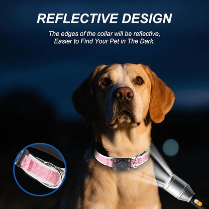 Waterproof Airtag Dog Collar - Nylon Collar with Durable Airtag Holder, Reflective&amp;Anti-Lost with Safety Metal Buckle, Soft Padded Adjustable for Small Medium Large Dogs Pink M