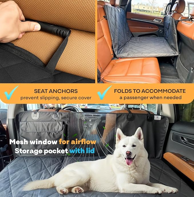 APetsPlanet Dog Car Seat Cover for Back Seat Hard Bottom - Waterproof Backseat Extender for Dogs - Pet Hammock for Car, Truck, SUV - Protector Bed with Mesh Window &amp; Storage - Black, No Door Covers