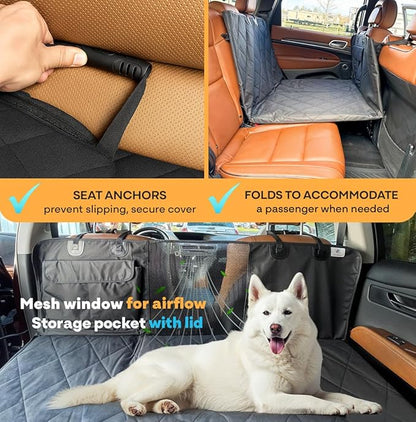 APetsPlanet Dog Car Seat Cover for Back Seat Hard Bottom - Waterproof Backseat Extender for Dogs - Pet Hammock for Car, Truck, SUV - Protector Bed with Mesh Window &amp; Storage - Black, No Door Covers