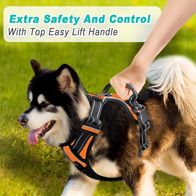 BARKBAY No Pull Dog Harness Large Step in Reflective Dog Harness with Front Clip and Easy Control Handle for Walking Training Running(Orange,L)