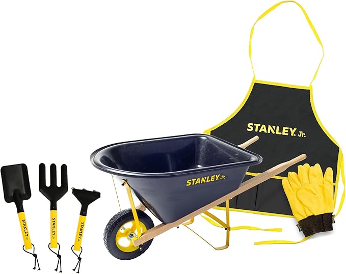 Stanley Jr. Kids Wheelbarrow Set – 6-Piece Durable Toddler Wheelbarrow &amp; Garden Tools – Child Outdoor Toy for Ages 3+ – Fun, Educational Backyard Play with Apron, Gloves &amp; Tools