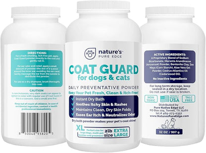 Coat Guard Dry Shampoo for Dogs and Cats - Extra Large 2 lbs Jar, Dog Dry Shampoo Powder, Waterless Dog Shampoo, Anti Itch Relief, Cedar Scented, Anti Dandruff, Hot Spots, Nature&