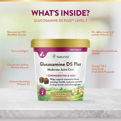 NaturVet – Glucosamine DS Plus - Level 2 Moderate Care – Supports Healthy Hip &amp; Joint Function – Enhanced with Glucosamine, MSM &amp; Chondroitin – for Dogs &amp; Cats–70 Soft Chews