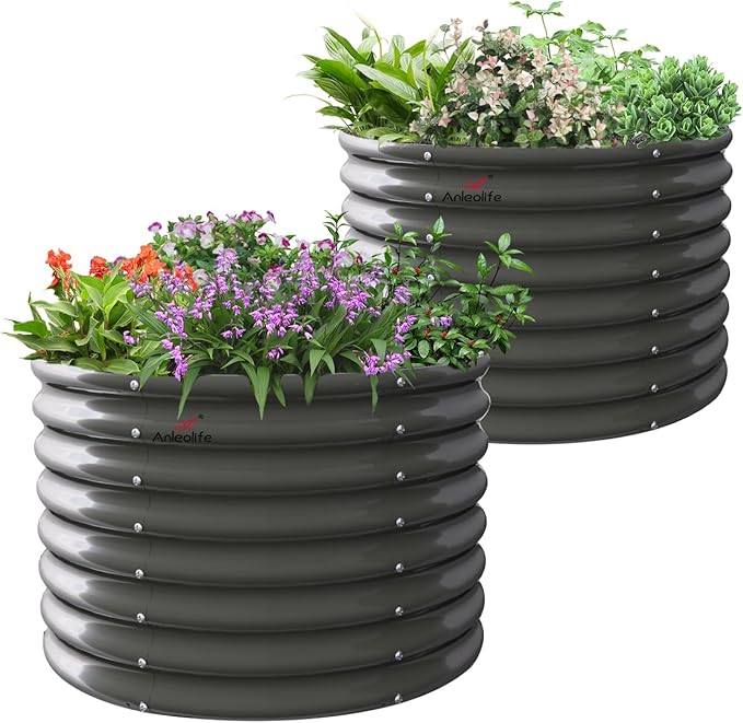 A ANLEOLIFE 2-Pack 3ft x 24” Tall Galvanized Raised Garden Beds Outdoor, Round Metal Planter Box for Planting Vegetables Flowers Herb, Anti-Rust &amp; Easy-Setup, Quartz Grey