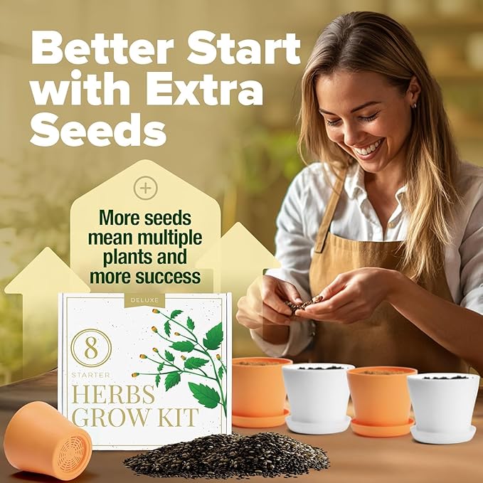 HOME GROWN 𝗣𝗥𝗘𝗠𝗜𝗨𝗠 𝗛𝗘𝗥𝗕 𝗞𝗜𝗧 8 Herb Seeds Garden Kit, Complete Indoor Planter Gift with Basil Cilantro Mint &amp; More, Unique Kitchen Growing Set for Women Men, Birthday Housewarming Present