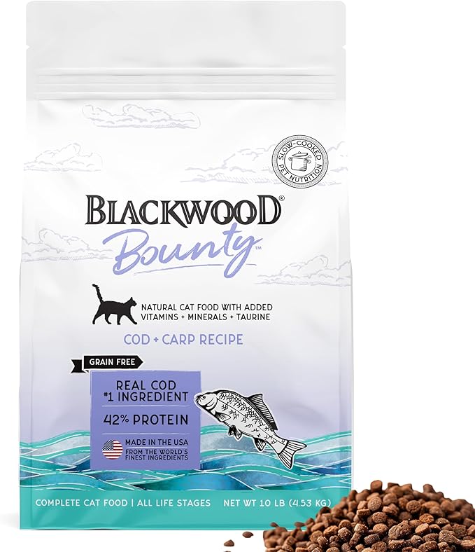 Blackwood Bounty Dry Cat Food, Cod &amp; Carp Recipe for All Life Stages, 10 Pound Bag, High Protein, Grain Free