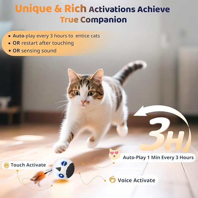 ORSDA Cat Ball Toys, Interactive Cat Toy for Indoor Bored Indoor Cats Kitten Toys, Automatic Electric Bird Moving Ball Toy, 4 Mode Voice &amp; Touch Control Rolling Chirping Stimulating, 2 Feather Tails