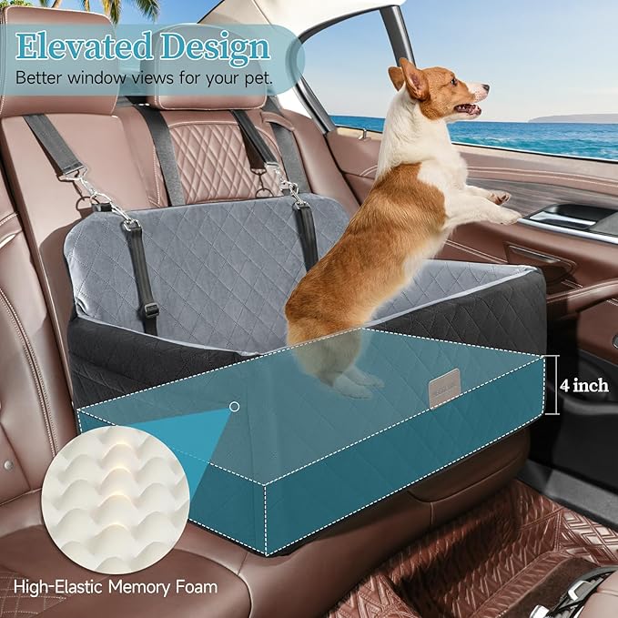 Dog Car Seat for Medium/Large Dogs, Pet Booster Seat for Under 55 lbs or 2 Small Dogs, Detachable &amp; Washable Dog Car Bed for Backseat with 2 Safety Leashes (Black/Grey)