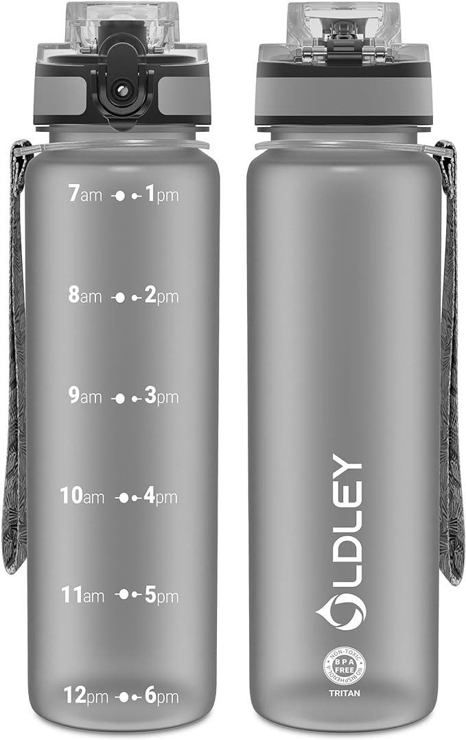 OLDLEY 32 oz Water Bottle, Motivational Water Bottle with Time Marker, Sports Water Bottle With Strap, Leakproof &amp; BPA Free Large Water Bottles for School, Gym, Travel, Outdoor, Tritan,Gray
