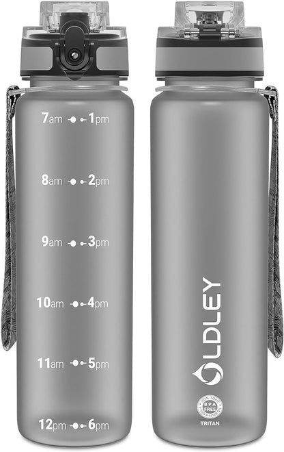 OLDLEY 32 oz Water Bottle, Motivational Water Bottle with Time Marker, Sports Water Bottle With Strap, Leakproof &amp; BPA Free Large Water Bottles for School, Gym, Travel, Outdoor, Tritan,Gray