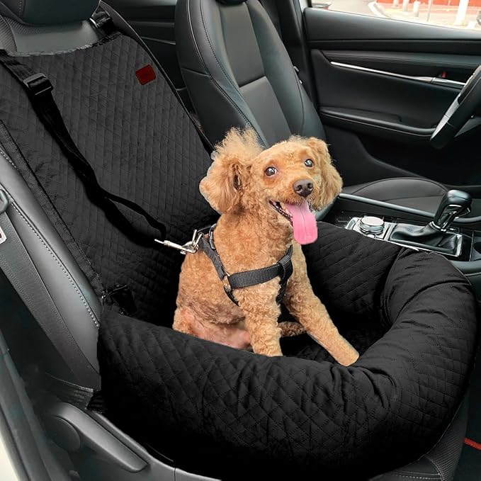 Dog Car Seat for Small Medium Dogs Up to 40lbs, Detachable Washable Soft Pet Booster Travel Bed for Front &amp; Black Seat with Safety Leash Belt