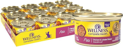 Wellness Complete Health Pate Adult Wet Cat Food, Natural, Protein-Rich, Grain Free, 3 Ounce, 24 Pack, (Chicken &amp; Lobster)