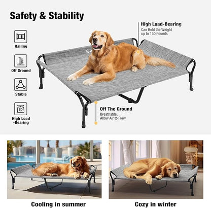 Veehoo Cooling Elevated Dog Bed, XL Raised Pet Cot with Guardrail &amp; Slope Headrest, Durable Breathable Teslin Mesh, Non-Slip Feet, Washable Dog Couch Bed for Indoor &amp; Outdoor, X Large, Black Silver