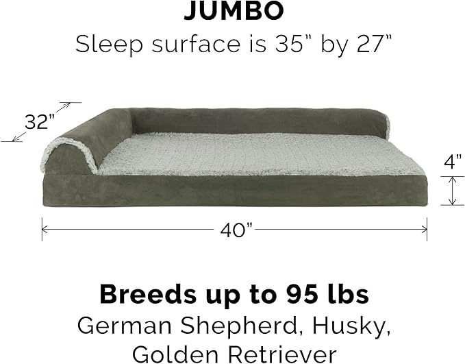 Furhaven Cooling Gel Dog Bed for Large Dogs w/ Removable Bolsters &amp; Washable Cover, For Dogs Up to 95 lbs - Two-Tone Plush Faux Fur &amp; Suede L Shaped Chaise - Dark Sage, Jumbo/XL