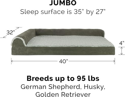 Furhaven Cooling Gel Dog Bed for Large Dogs w/ Removable Bolsters &amp; Washable Cover, For Dogs Up to 95 lbs - Two-Tone Plush Faux Fur &amp; Suede L Shaped Chaise - Dark Sage, Jumbo/XL