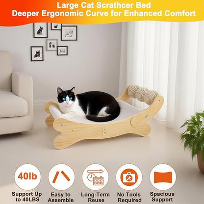 Cat Scratcher Bed for Indoor Cats | 3-in-1 Scratching Post &amp; Hammock Lounge with Wooden Perch, No-Tip Stable Base for Small/Medium/Large Cats ，Durable Scratch Pad &amp; Cat Furniture (Easy Assembly)