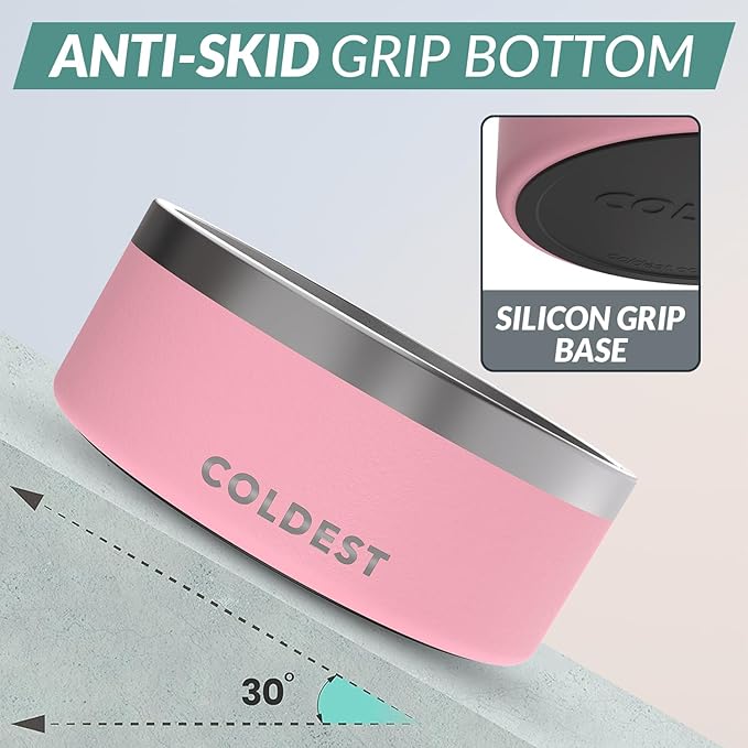 Coldest Dog Bowl - Anti Rust Metal, Non Slip, 3 Layers Insulated Stainless Steel Dog Bowls - Spill Proof &amp; Heavy Duty - Water Bowl for Dogs, Cats &amp; Pets, Dish Washer Safe (100 oz, Cotton Candy Pink)