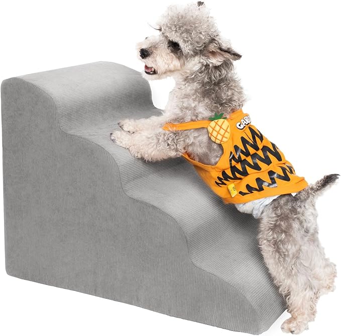 MEWANG Dog Stairs for Small &amp; Medium Dogs and Old Cats –3/4/ 5 Steps High-Density Foam Pet Ramp for Bed &amp; Couch, Non-Slip, Washable Cover, Grey (Round Corner, 4 Steps: 23.94&