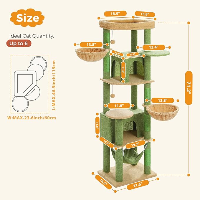 71.2" Large Cat Tree for Multi-Cat Households - 9-Level Cat Tower w/5 Sisal Scratching Posts, 2 Condos, Soft Hammock, Top Perch &amp; Pom Poms - Heavy-Duty Space-Saving Design, Cactus Green