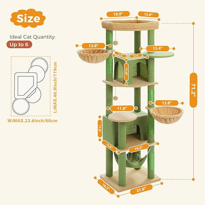 71.2" Large Cat Tree for Multi-Cat Households - 9-Level Cat Tower w/5 Sisal Scratching Posts, 2 Condos, Soft Hammock, Top Perch &amp; Pom Poms - Heavy-Duty Space-Saving Design, Cactus Green