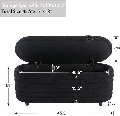 Storage Ottoman Bench Upholstered Fabric Storage Bench End of Bed Stool with Safety Hinge for Bedroom, Living Room, Entryway (45.5-inch, Black)