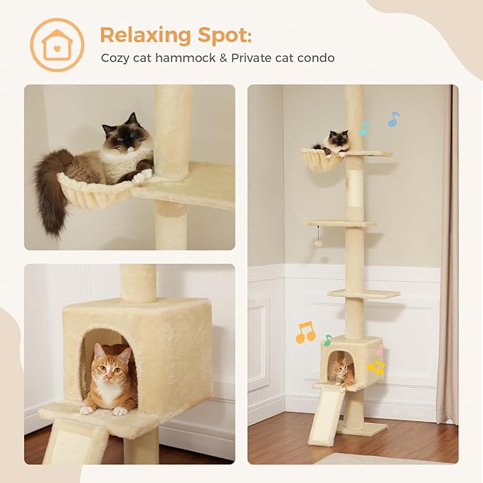 PEQULTI Floor to Ceiling Cat Tree, Tall Cat Tower, Adjustable Height (83&