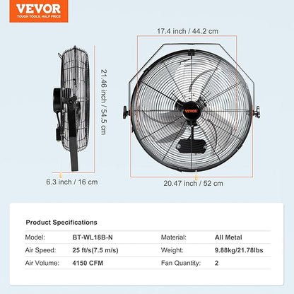 VEVOR 18 Inch Industrial Wall Mount Fan 2PCS, High Velocity 4000 CFM with 3-Speed Manual Control &amp; 360° Tilt Adjustment, for Indoor Use, Warehouse, Workshop, Basement, and Commercial Spaces