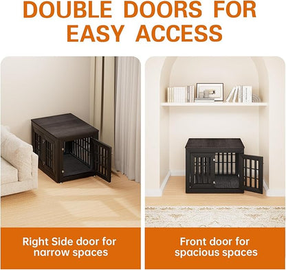 32" Heavy Duty Dog Crate Furniture for Small,Medium and Large Dogs,Rustic Wooden Dog Cage Kennel Indoor Furniture with Waterproof Top,Decorative Pet House Side End Table (Black &amp; Grey)