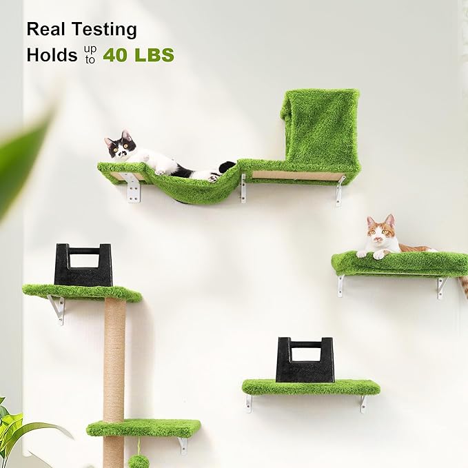 FUKUMARU Cat Wall Shelves, Stable &amp; Safe 4 in 1 Cat Furniture Set, Wooden Climbing Wall with Scratching Post, Bridge and Bed, Stylish Jungle Gym for 16 Inch Drywall - Green