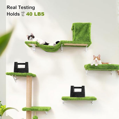 FUKUMARU Cat Wall Shelves, Stable &amp; Safe 4 in 1 Cat Furniture Set, Wooden Climbing Wall with Scratching Post, Bridge and Bed, Stylish Jungle Gym for 16 Inch Drywall - Green