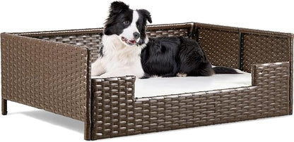YITAHOME Rattan Dog Sofa Bed with Cushion, Wicker Pet Bed Sofa Couch Indoor Outdoor Waterproof for Large Medium Small Dogs Cats (34.6&
