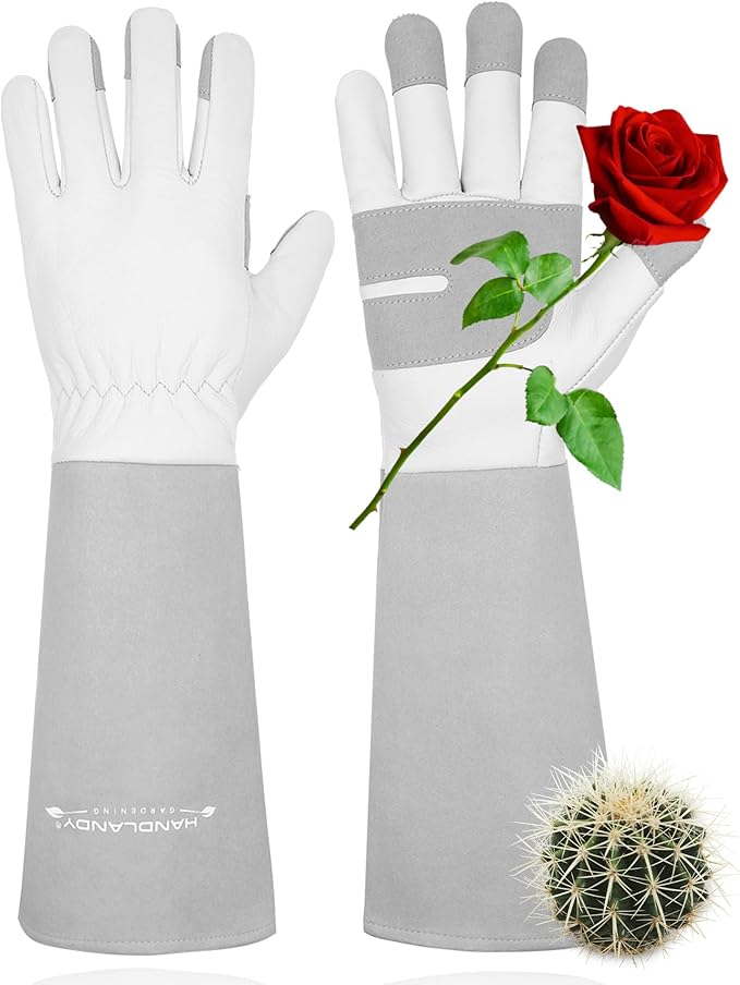 HANDLANDY Long Gardening Gloves for Men &amp; Women, Thorn Proof Rose Pruning Gloves Leather Gauntlets Garden Glove Yard Work Glove (Small, Grey)