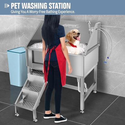 38" Dog Washing Station, Professional Stainless Steel Dog Bathing Station, Equipped with Three Anti-Slip Steps, Removable Door, Upgraded Spray Nozzle&amp;Hose - Ideal for Home, Pet Grooming Salon,L-RAMP