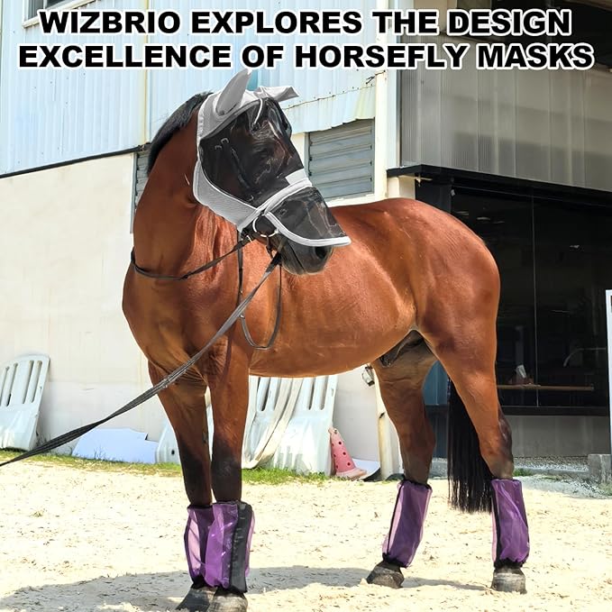 Luminous Horse Fly Mask with Long Nose, Ears, Full Face &amp; Eye Protection - Full Mesh, Detachable Nose Cover, Fleece Padded Edging, Hook-and-Loop Straps with Webbing, Hanging Straps Grey